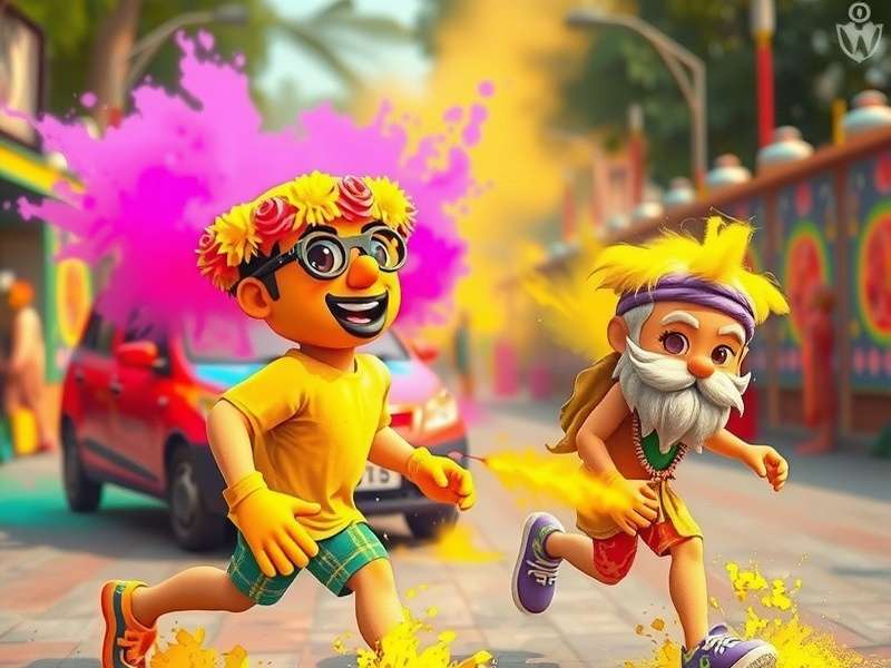 Holi Color Run gameplay screenshot showing colorful characters